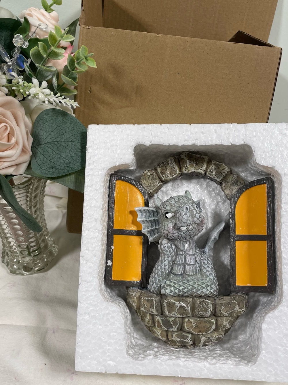 Stone-Look Dragon Window Wall Accent - Yellow Shutters